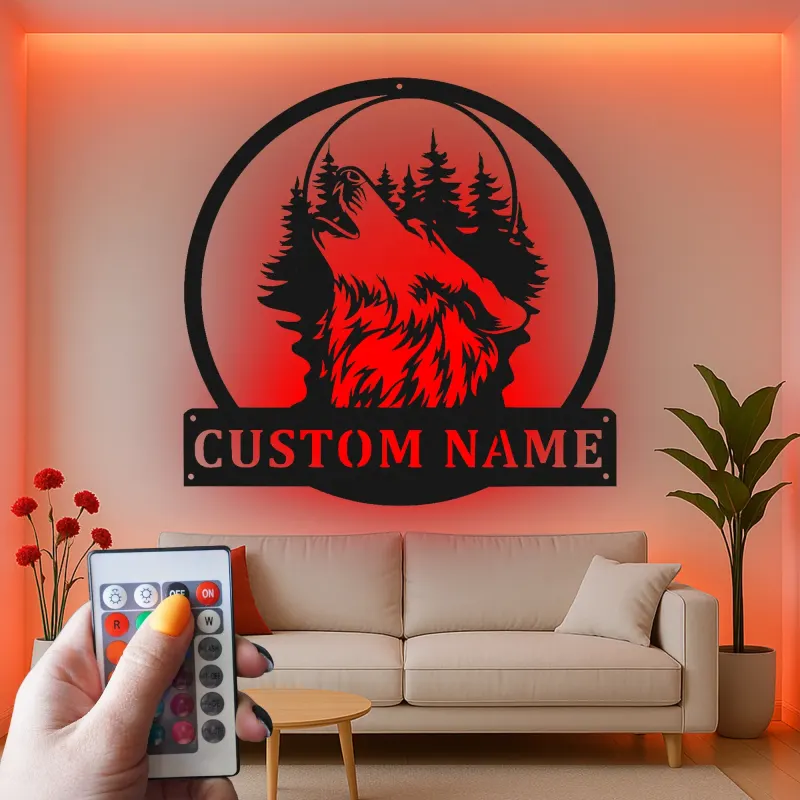 Décoration murale en métal personnalisée de loup hurlant avec rétroéclairage LED - Cadeau personnalisé pour les amoureux de la nature - Décor de cabane rustique 1