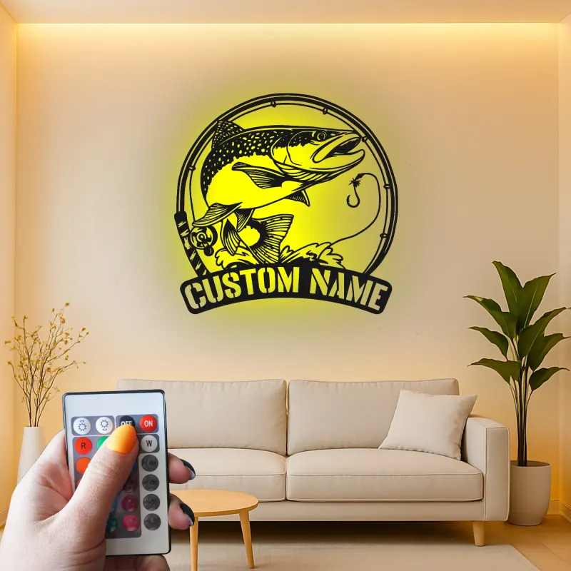 Panneau de pêche personnalisé avec LED | Décoration murale en métal sur mesure | Déco de maison de lac et salle de loisirs | Cadeau pour pêcheur