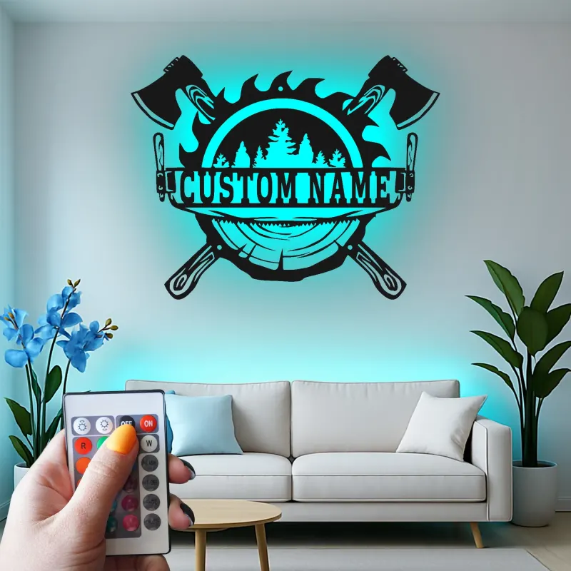 Custom Lumberjack Axe Metal Sign with LED | Personalized Forest Wall Art | Rustic Cabin & Man Cave Decor