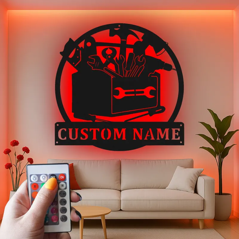 Insegna LED Toolbox Personalizzata | Arte Murale in Metallo Personalizzata | Decorazione per Laboratorio e Garage | Regalo per Falegname o Artigiano