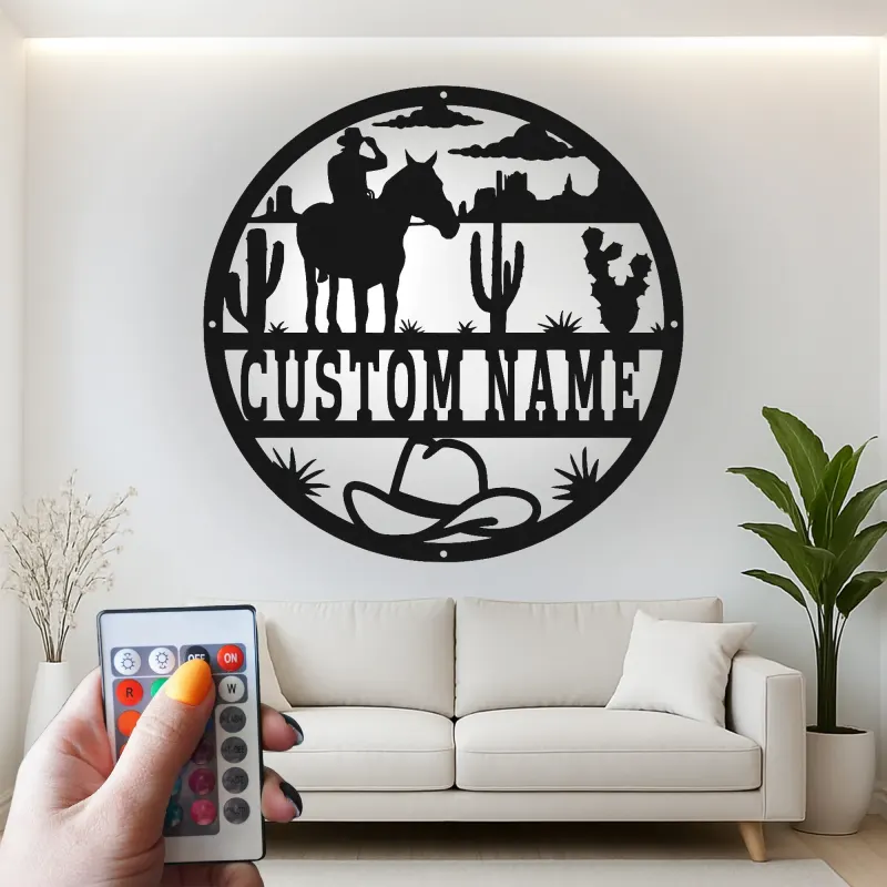 Cartel de metal LED personalizado de vaquero y caballo, regalo western para él, decoración rústica para rancho 3