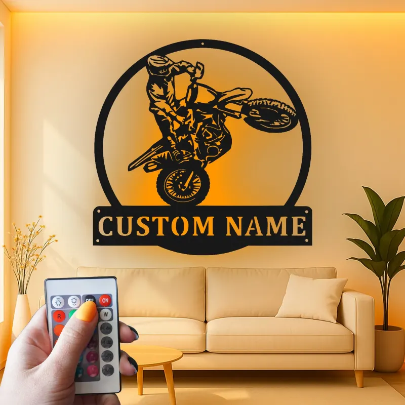 Custom Motocross Rider Led Light Metal Wall Art Personalized Gift for Dirt Bike Enthusiasts Garage Decor