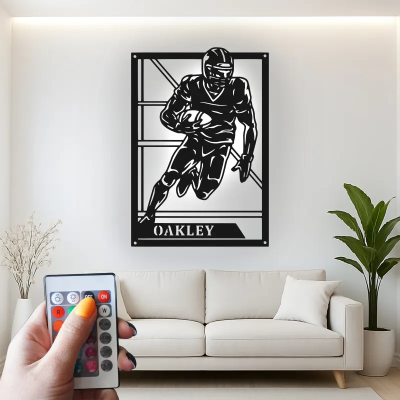 Panneau personnalisé de joueur de football américain | Décoration murale en métal LED | Décor avec prénom personnalisé pour salle de jeux | Cadeau pour sportif