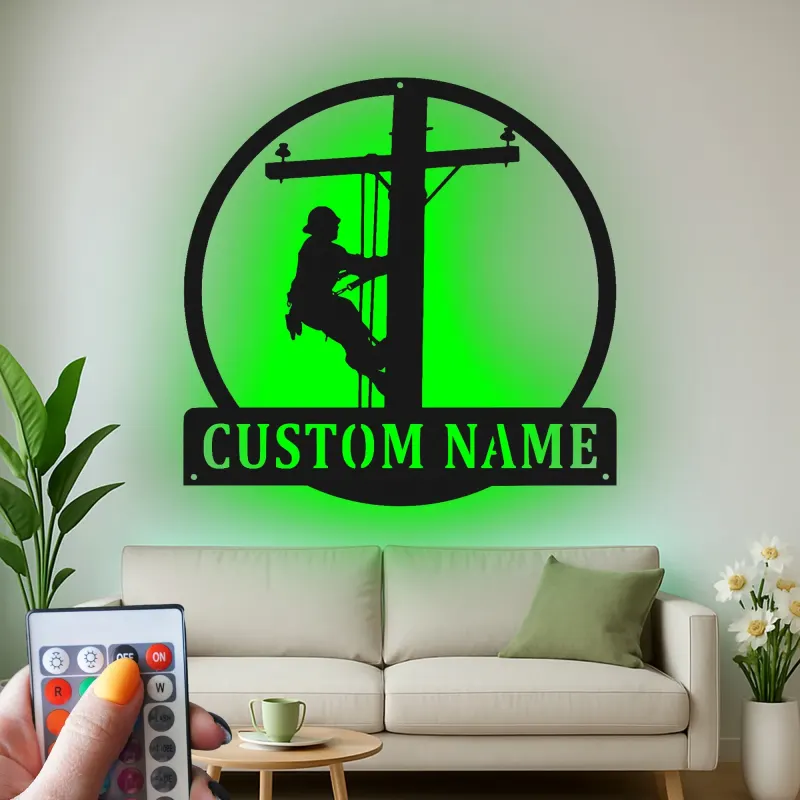 Lineman LED Metal Wall Art | Personalized Electrician Name Sign | Custom Utility Worker Gift
