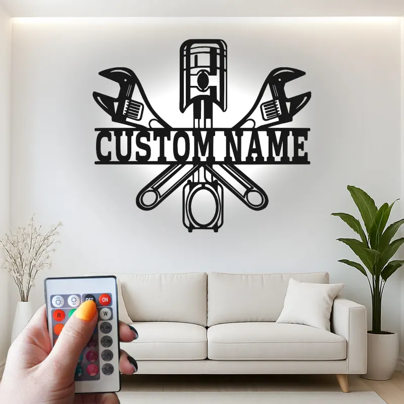 Custom LED Mechanic Sign | Metal Piston & Wrenches Wall Art | Personalized Garage Decor | Auto Shop Lighted Gift
