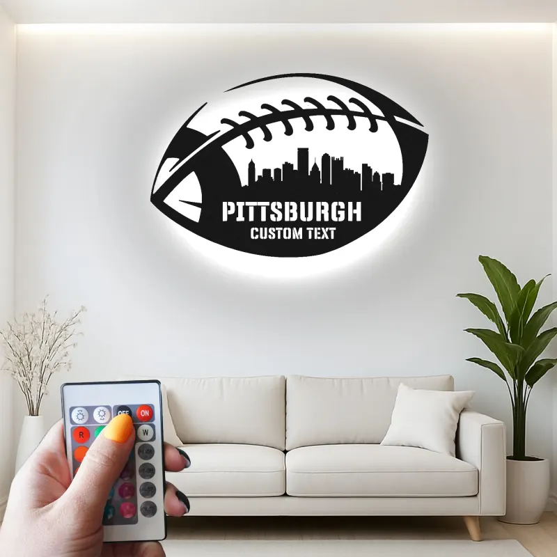 Décoration murale en métal football personnalisée | Enseigne LED personnalisée avec skyline de ville pour salle de jeux | Cadeau pour fan de sport
