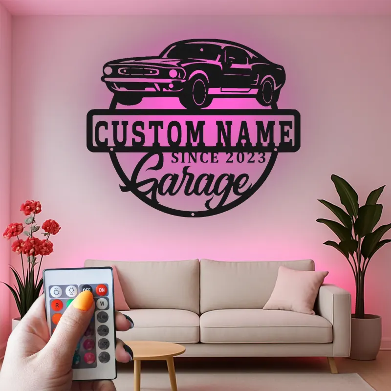 Décoration murale en métal LED personnalisée pour voiture de muscle - Cadeau de garage pour passionnés de voitures