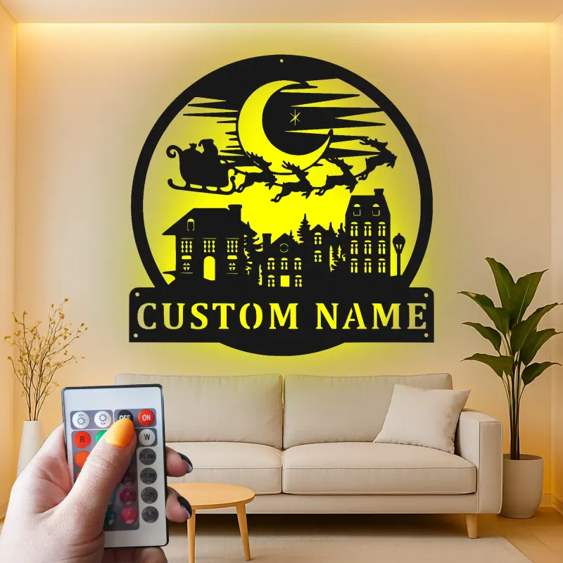 Cartel de metal personalizado de trineo de Santa | Decoración mural navideña LED | Placa de nombre personalizada para hogares y oficinas