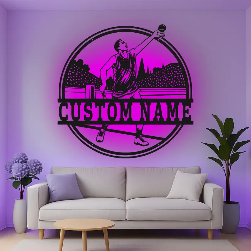 Custom Discus Thrower Led Light Metal Wall Art Athlete Gift for Sports Enthusiasts Game Room Decor
