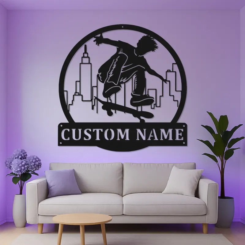 Insegna LED con nome per skateboarder | Arte da parete in metallo personalizzata per camera dei ragazzi | Decorazione urbana per skater personalizzata | Regalo per figlio