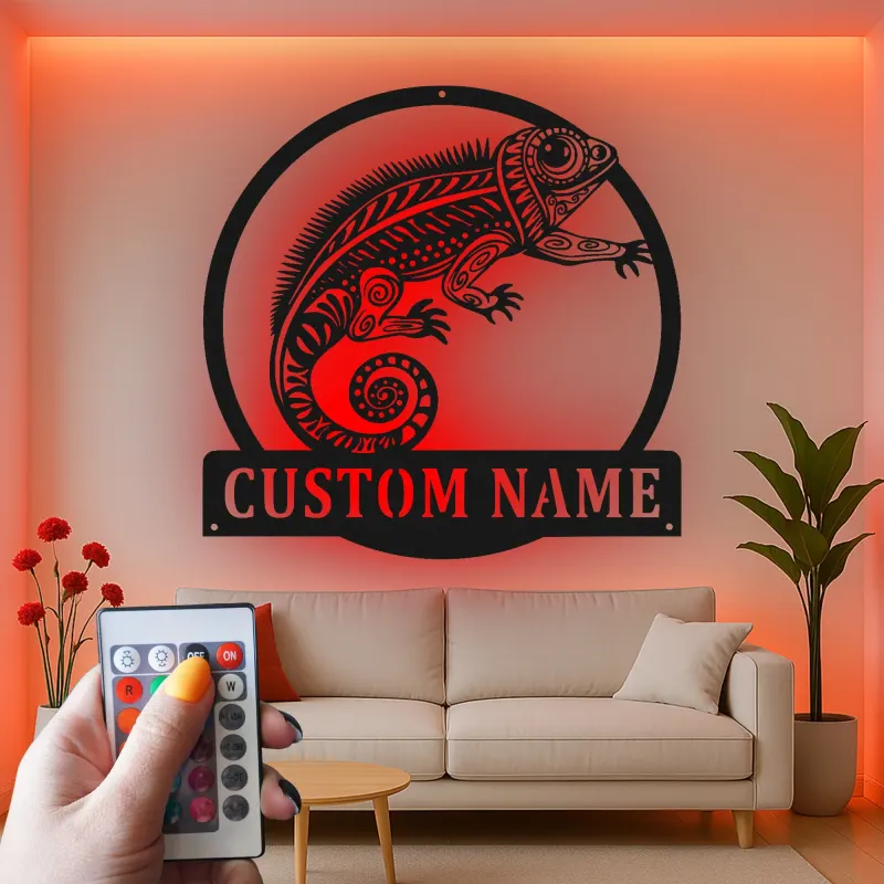 Cartel de metal personalizado con luz LED de camaleón, regalo personalizado para amantes de reptiles, decoración para salón u oficina