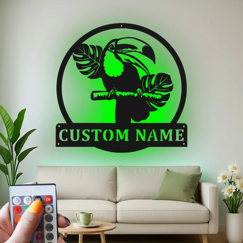 Custom Toucan Metal Sign with LED | Personalized Tropical Wall Art | Jungle Theme Decor for Patio, Sunroom & Office | Exotic Bird Gift