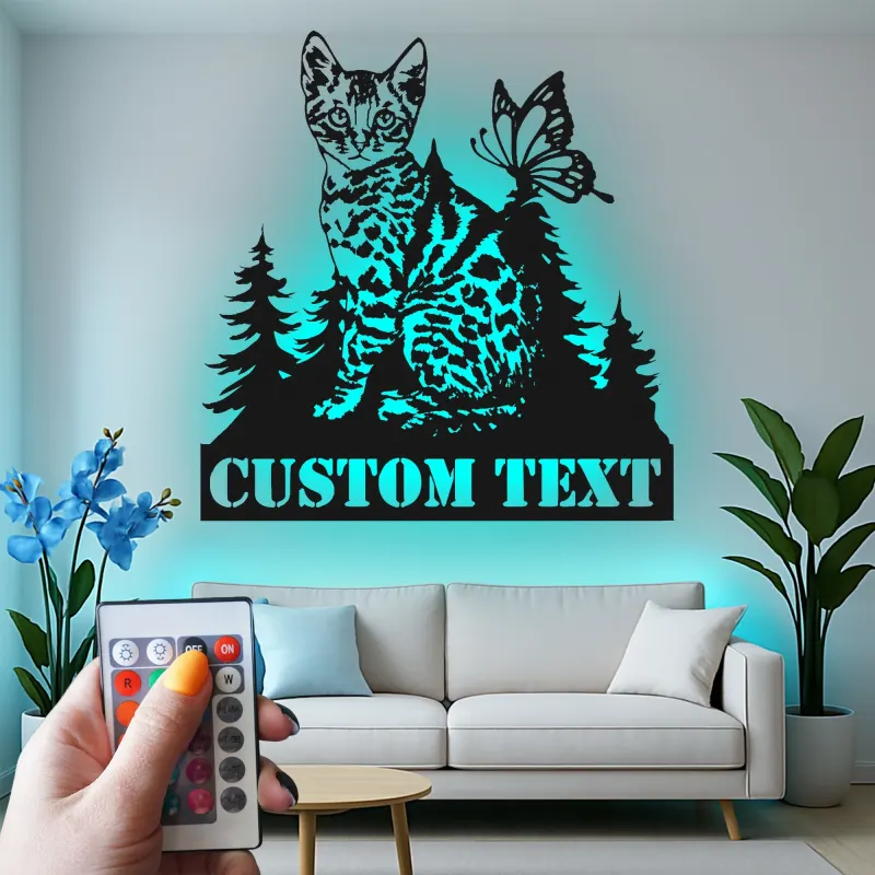 Cartel de metal personalizado con gato y mariposa y luz LED, regalo para amantes de mascotas, decoración para dormitorio o salón
