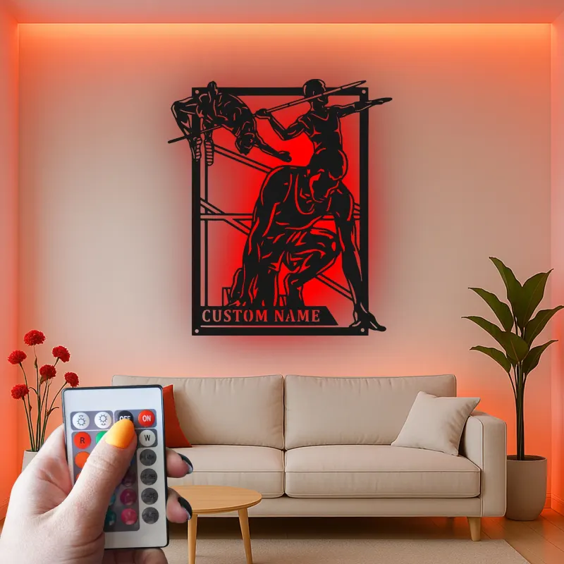 Arte de metal personalizado de atletismo | Cartel de nombre de atleta con luces LED | Decoración moderna para gimnasio y dormitorio
