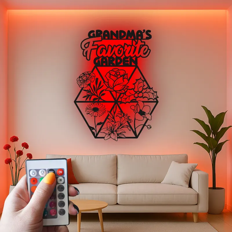 Omas Garten LED-Schild | Personalisiertes Metall-Wandkunst mit Blumenmotiv | Geschenk zum Muttertag