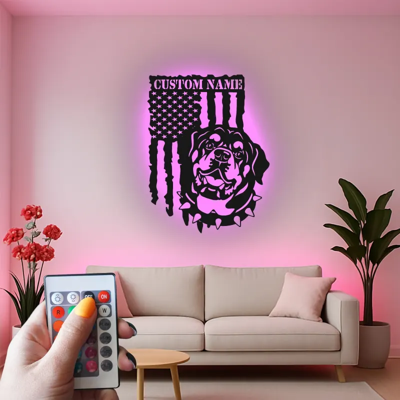 Rottweiler Metal Wall Art | Personalized LED Name Sign | Patriotic American Flag Decor | Custom Dog Lover Gift