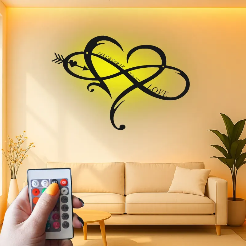 Signe LED en métal cœur infini personnalisé | Décoration murale avec nom et date | Cadeau romantique d’anniversaire pour couple | Déco chambre