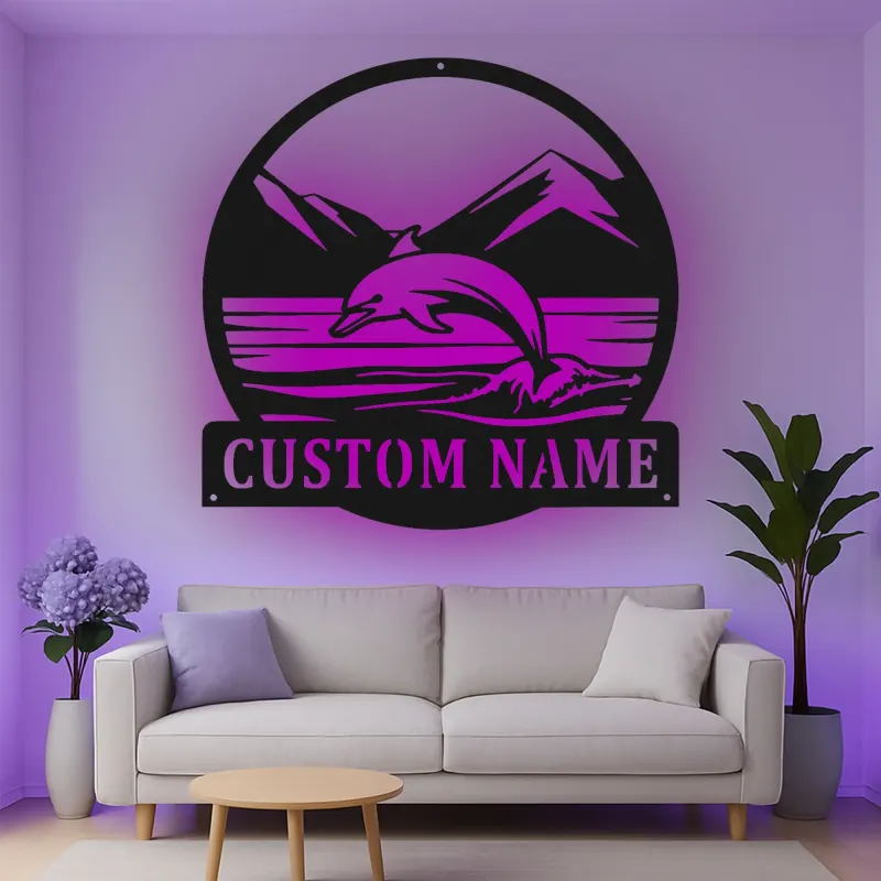 Cartel de metal personalizado con escena oceánica de delfines y luz LED, regalo para amantes de la playa, decoración costera para el hogar