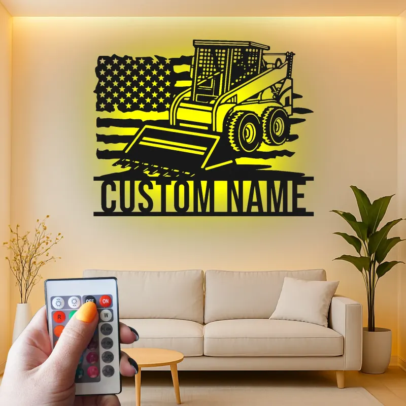 Skid Steer Loader Metalltafel | Personalisierte LED-Wandkunst | Individuelle Dekoration für Baumaschinen | Garage & Werkstatt-Schild mit USA-Flagge