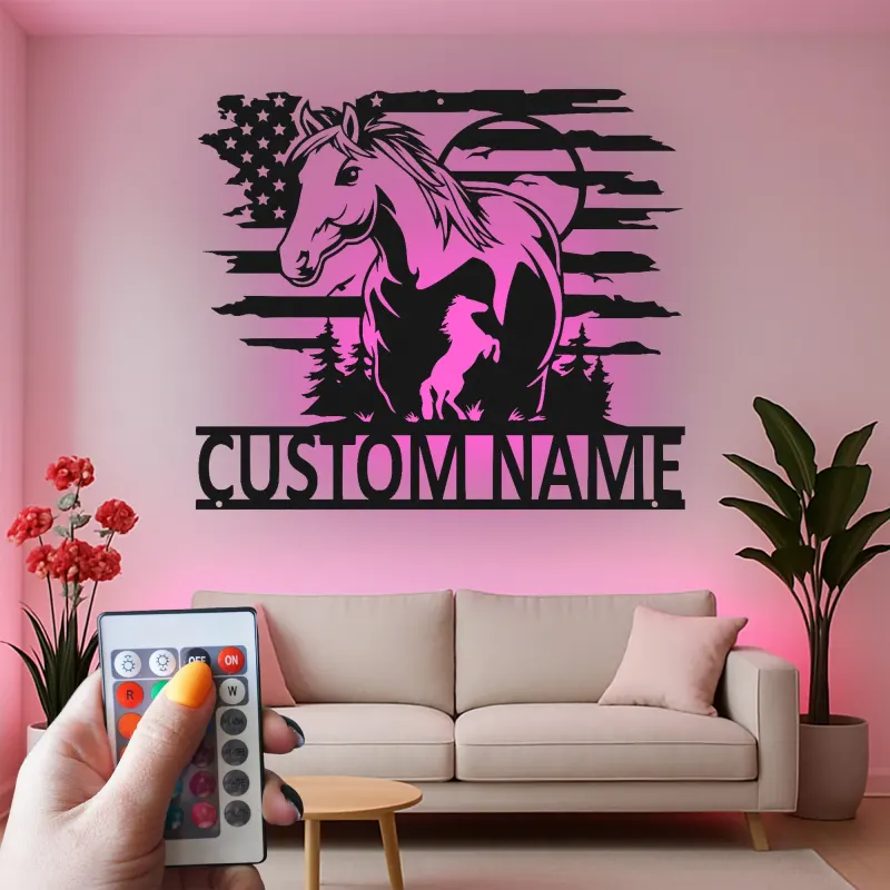 Panneau LED en métal personnalisé avec cheval | Décoration murale équestre | Décor de grange drapeau américain | Cadeau pour amoureux des chevaux