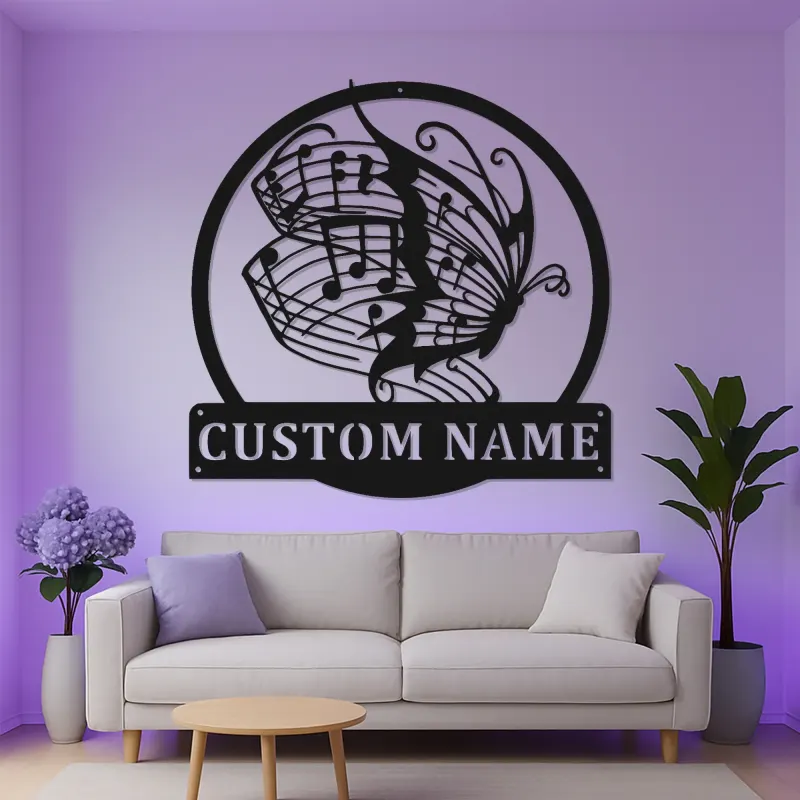 Panneau LED personnalisé avec papillon musical | Décoration murale en métal personnalisée | Cadeau pour amoureux de la musique | Décor de studio illuminé
