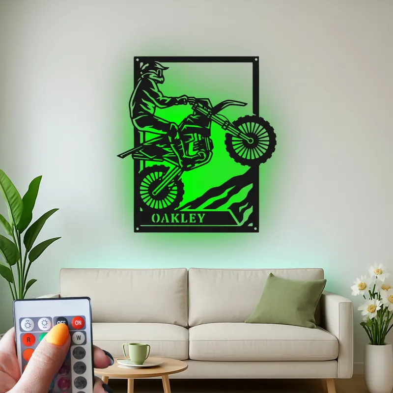 Décoration murale en métal personnalisée pour motocross avec rétroéclairage LED - Cadeau pour lui, décoration de garage ou de man cave