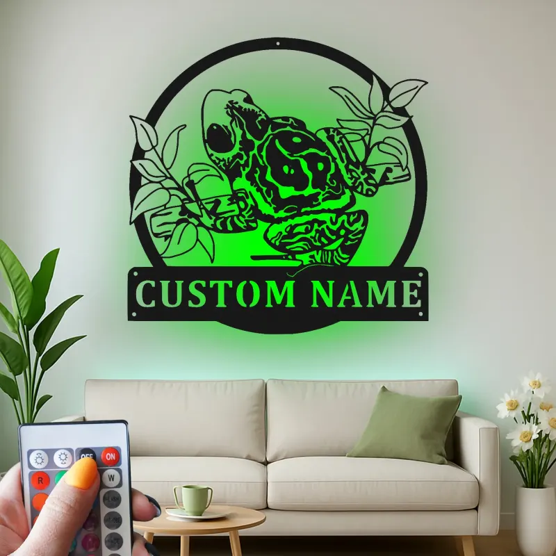 Insegna LED in metallo con rana | Arte murale personalizzata con anfibio | Regalo per amanti della natura per casa, ufficio o cameretta