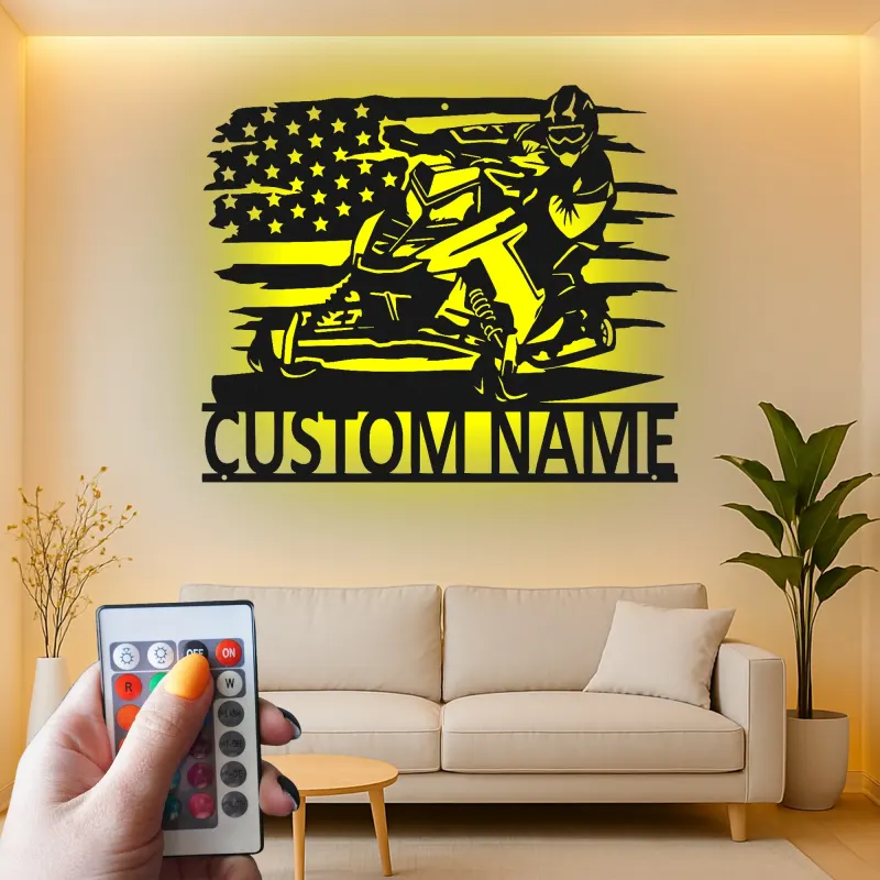 Panneau en métal personnalisé pour motoneige avec rétroéclairage LED | Décoration murale avec drapeau américain | Décor de man cave et garage | Cadeau pour amateur de sports d'hiver