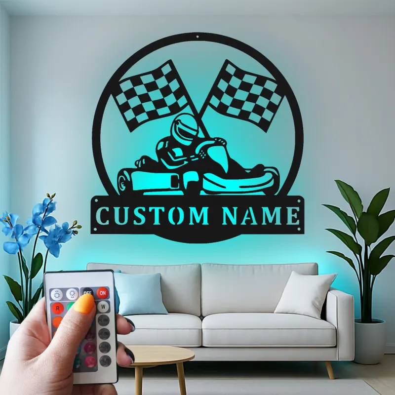 Enseigne métal pilote de karting personnalisée | Décoration murale LED pour garage | Cadeau fan de course | Déco man cave et salle de course
