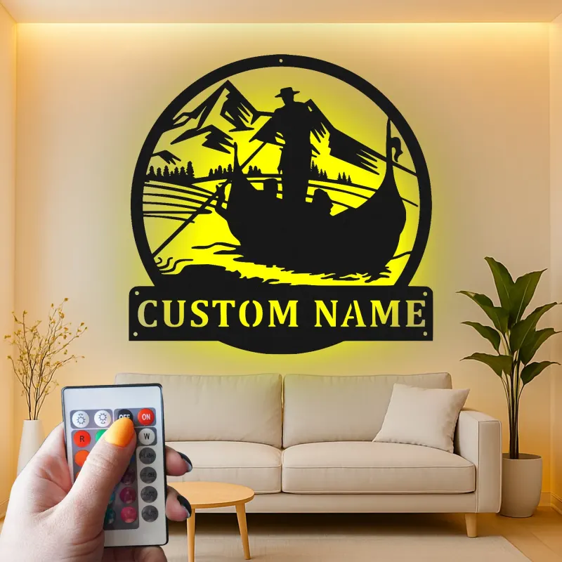 Insegna in metallo personalizzata per pesca con LED | Arte da parete con nome su misura per casa al lago e baita | Regalo originale per pescatore
