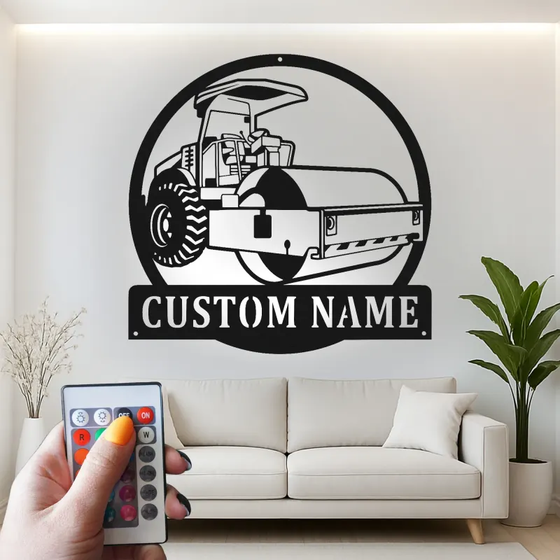 Enseigne de construction Rouleau de route | Décoration murale en métal LED personnalisée | Décor de machines lourdes pour garage ou bureau