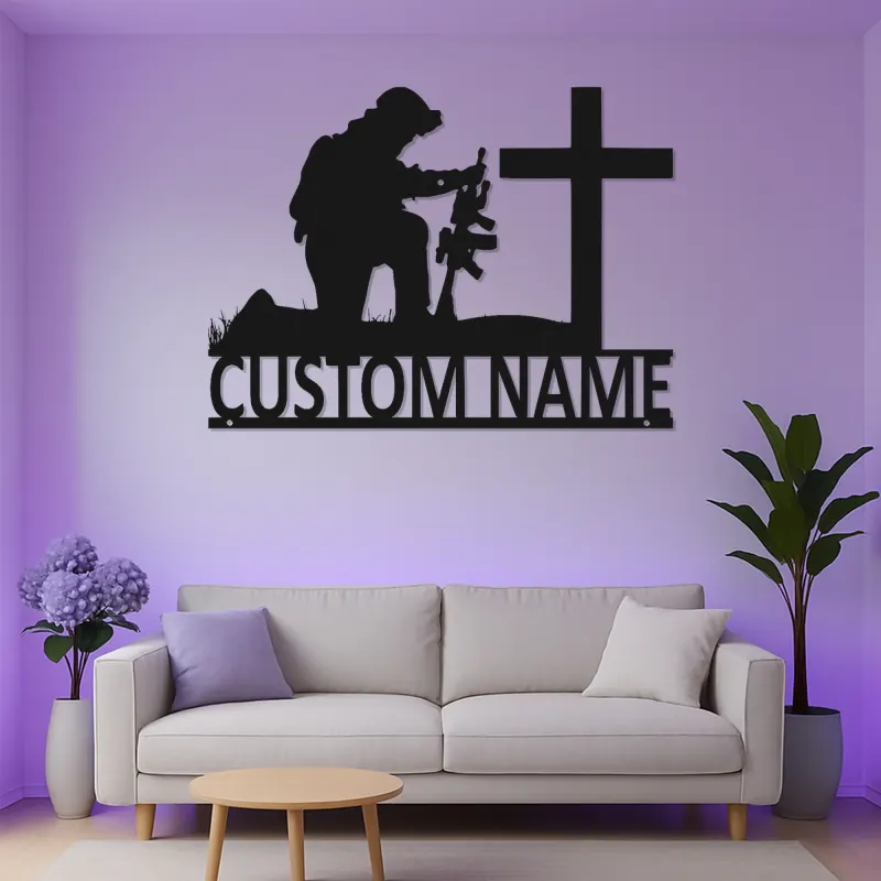 Kneeling Soldier Memorial Sign | Personalized LED Metal Art for Veterans | Custom Military Tribute | Christian Cross Wall Decor