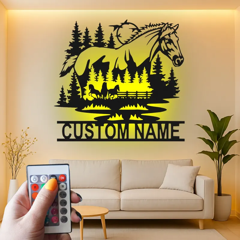 Arte murale in metallo LED personalizzata per cavalli | Decorazioni equestri per ranch | Segnaletica per stalle e regalo per amanti dei cavalli