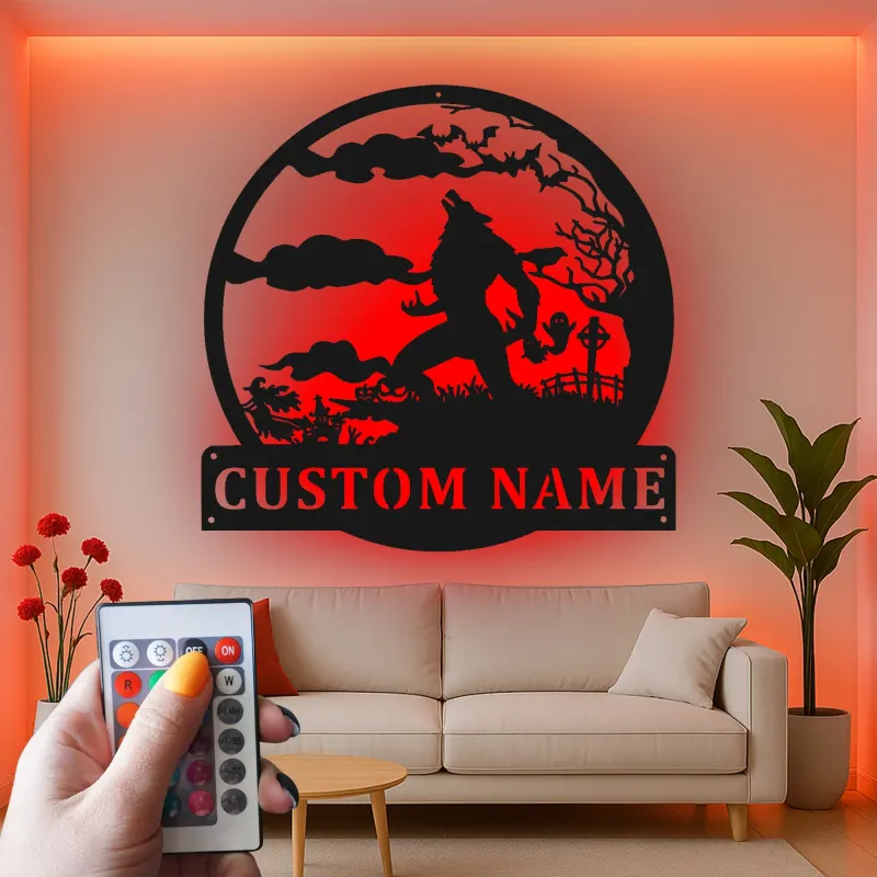 Décoration murale en métal personnalisée avec silhouette de loup-garou, lumière LED, cadeau d'Halloween pour les fans d'horreur, décoration d'intérieur effrayante