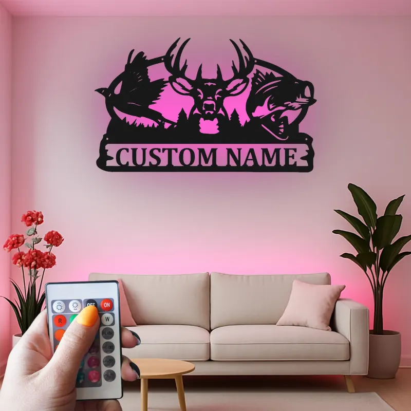 Cartel LED de escena de caza personalizado | Silueta de ciervo, pez y faisán de metal | Decoración personalizada para cabañas de vida silvestre | Regalo premium para cazadores