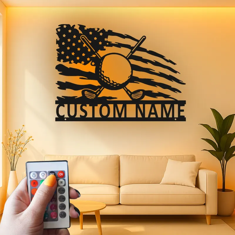 Personalized Golf Sign with LED | Custom Metal Wall Art for Man Cave | Patriotic Golfer Gift for Him | American Flag Sports Decor
