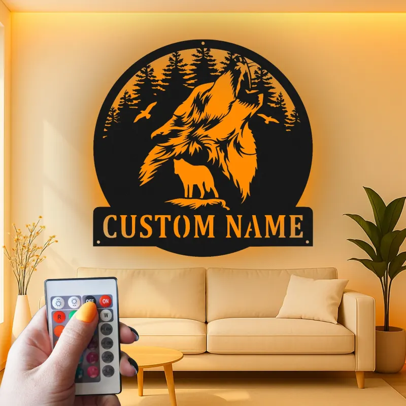 Décoration murale en métal personnalisée de loup hurlant avec rétroéclairage LED - Cadeau personnalisé pour les amoureux de la nature - Décor de cabane rustique