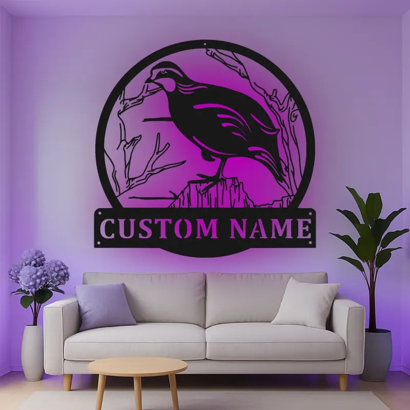 Cartel de metal LED personalizado de codorniz, regalo personalizado para amantes de la naturaleza, decoración de cabaña rústica