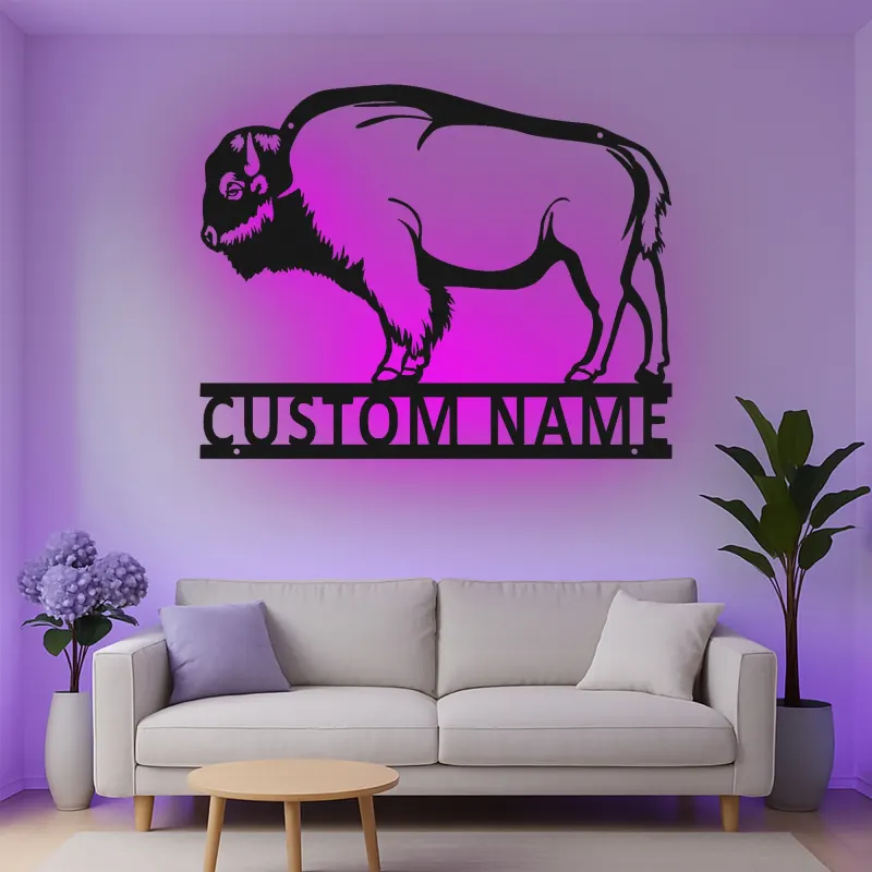 Custom Bison Led Light Metal Wall Art Personalized Wildlife Gift for Nature Lovers Rustic Home Decor