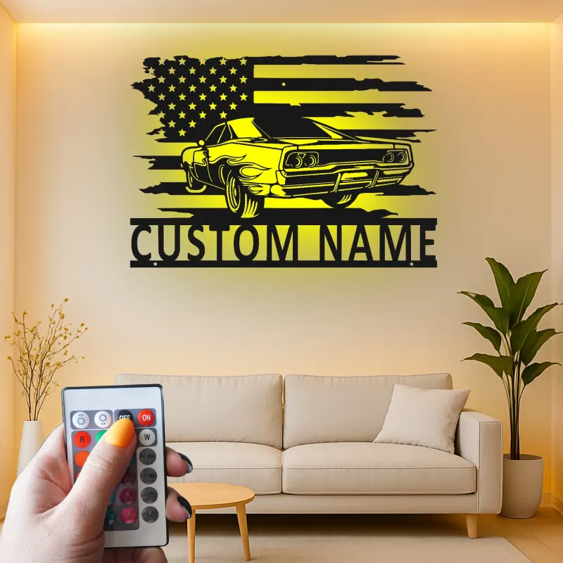 Custom Muscle Car Metal Sign | American Flag LED Wall Art | Personalized Garage Decor | Retro Auto Man Cave Gift