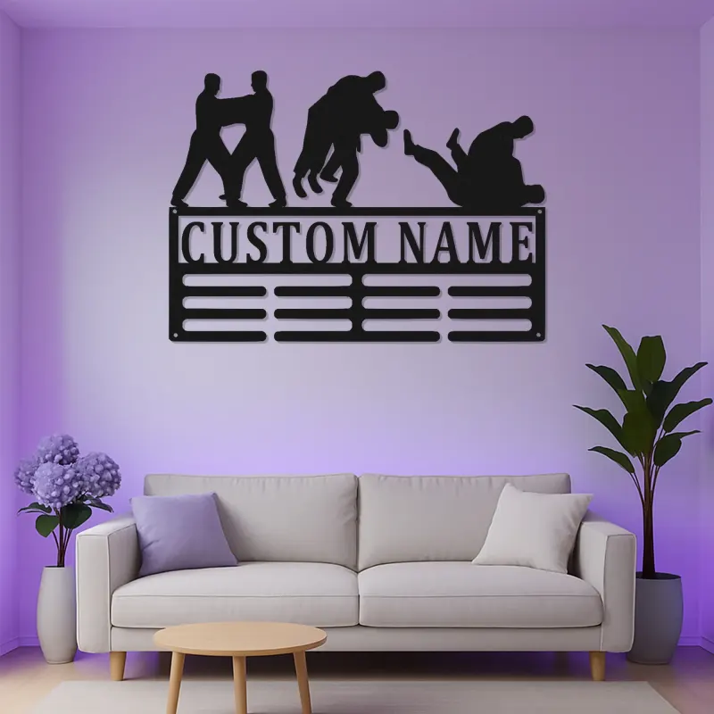 Cartel de metal personalizado de BJJ | Colgador de medallas de artes marciales con LED | Decoración personalizada para gimnasio de jiu-jitsu | Regalo para grappling