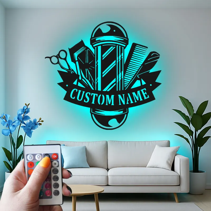 Insegna in metallo LED a forma di palo da barbiere personalizzata, regalo per barbieri, decorazione per saloni per parrucchieri