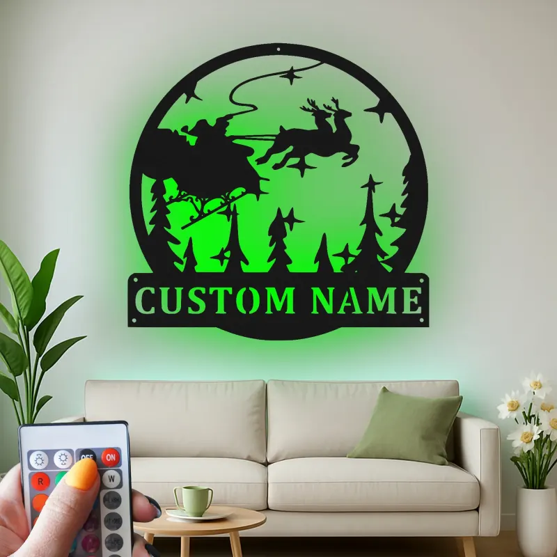 Cartel de metal personalizado de trineo de Santa | Decoración mural navideña LED | Arte navideño personalizado con nombre de familia | Silueta festiva de reno