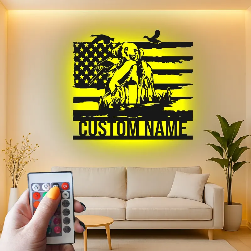 Labrador Hunting Dog Metal Sign | Personalized LED Wall Art | Custom Hunter Gift with American Flag | Patriotic Cabin & Man Cave Decor