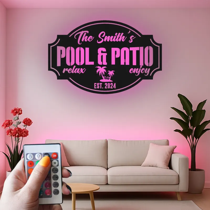 Custom Metal Pool Sign with LED | Personalized Patio & Bar Decor | Tropical Palm Tree Wall Art