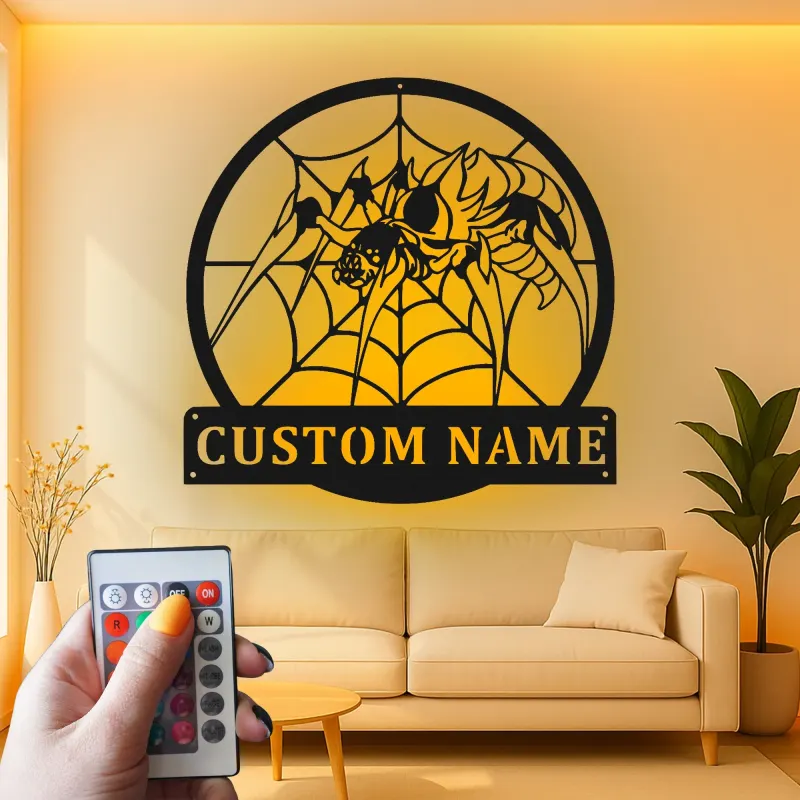 Insegna in metallo personalizzata con ragnatela | Arte murale LED personalizzata | Decorazione per man cave gotica e regalo per amanti degli aracnidi