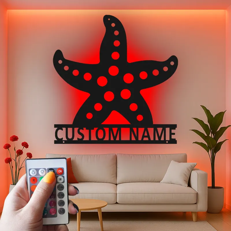 Enseigne étoile de mer personnalisée | Art mural en métal LED pour décor côtier | Plaque de nom de maison de plage personnalisée | Cadeau à thème nautique