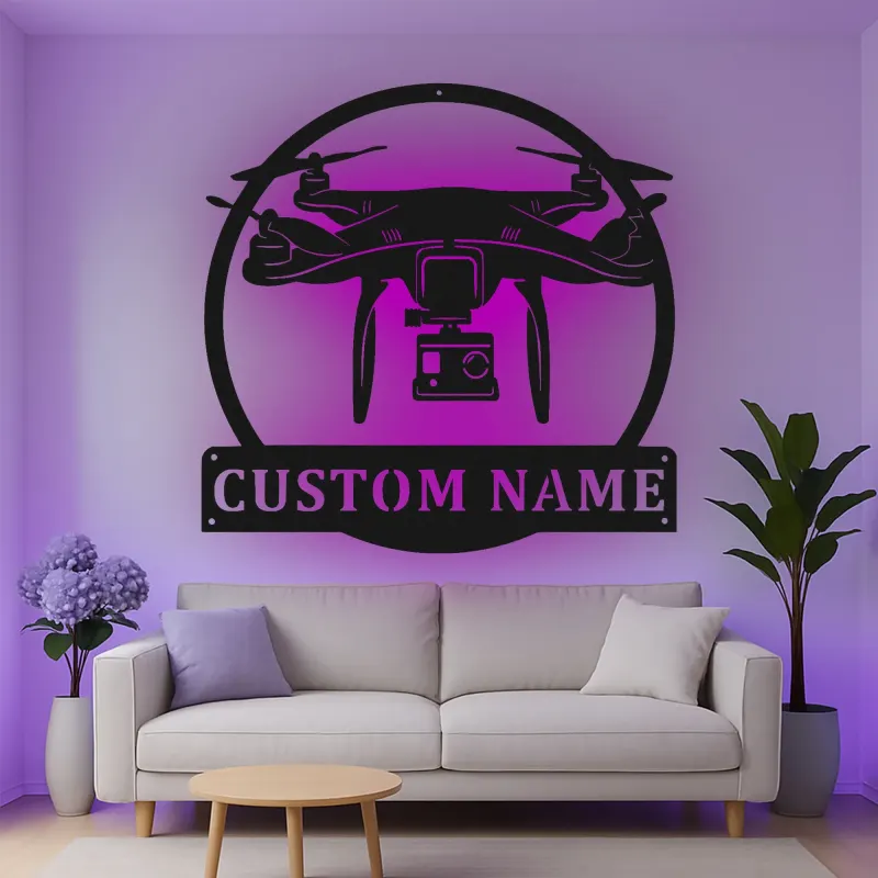 Personalisierte LED-Metall-Wandkunst mit Drohnenmotiv – Geschenk für Drohnenfans, Büro- oder Studio-Deko 1