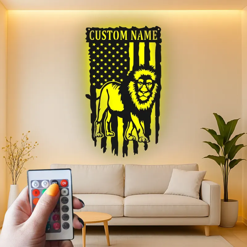Custom Lion American Flag Metal Sign | LED Patriotic Wall Art for Office & Home | Personalized Wildlife Decor Gift for Him