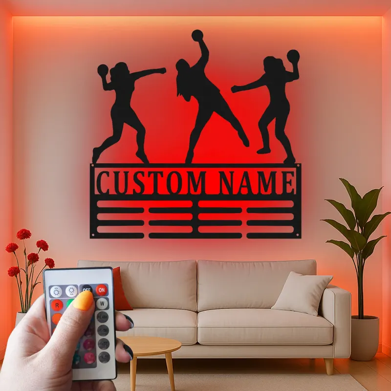 Insegna LED personalizzata con giocatrice di pallamano | Decorazione murale in metallo personalizzata | Regalo per squadra sportiva | Arredo palestra per atleta
